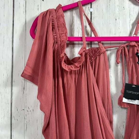 Topshop Cold Shoulder Ruffle V Neck Crinkle Light Pink Beachy Casual Romper - Picture 3 of 16